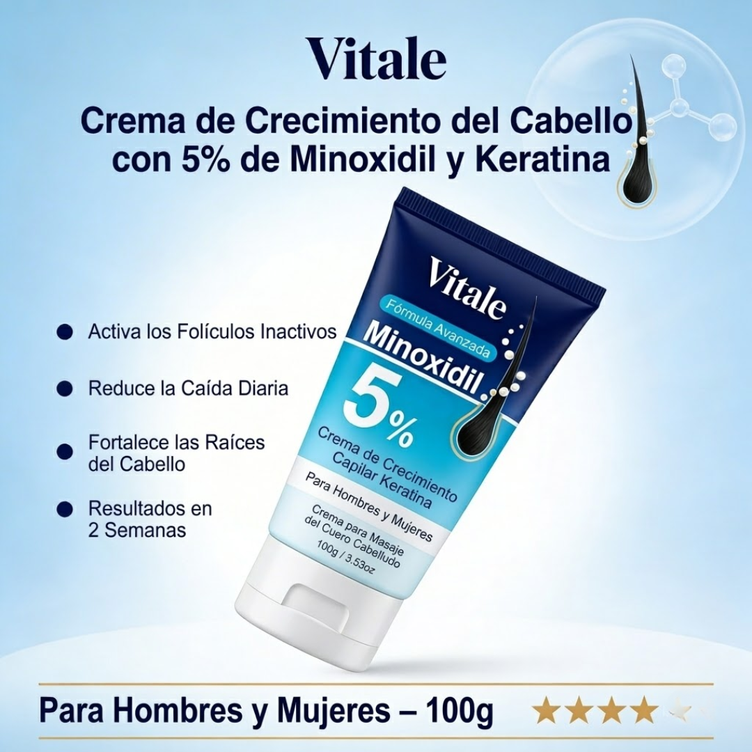 Vitale 5% Minoxidil & Keratina - Crema de Crecimiento Capilar  para Hombres y Mujeres
