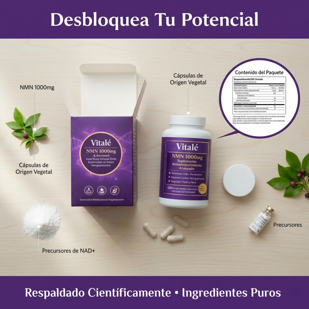 Vitale NMN 1000 mg, suplemento antienvejecimiento que favorece el NAD+.
